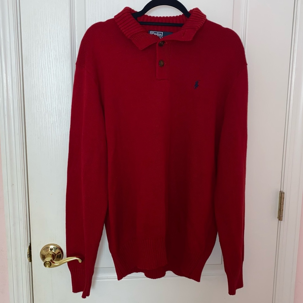 NWOT Polo Ralph Lauren Red Quarter Button Ribbed Knit Collar Long Sleeve Sweater